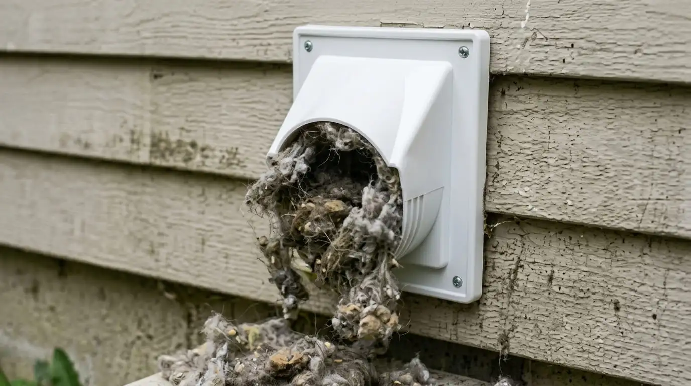Exterior dryer vent with lint buildup causing weak airflow and long dry times