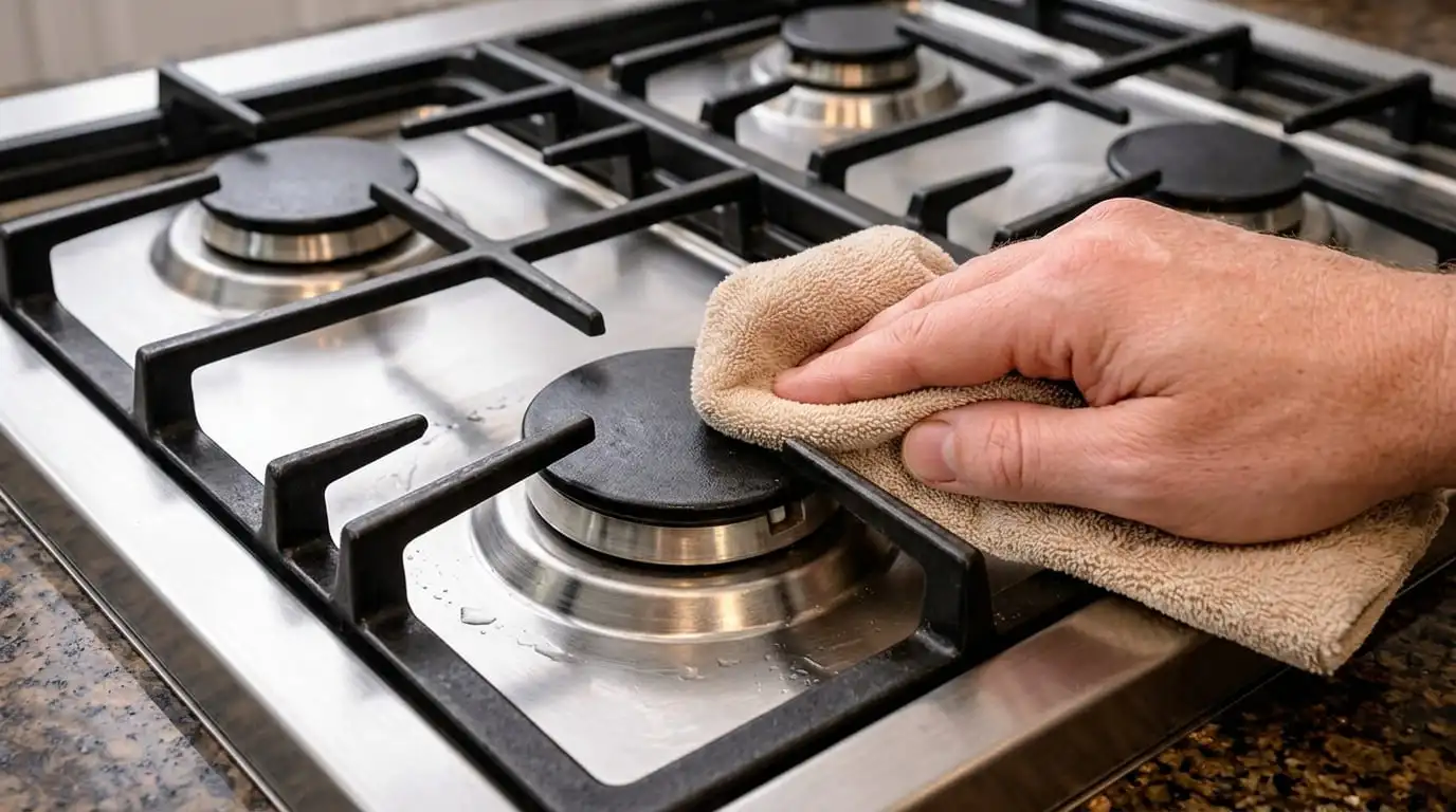 Drying wet gas stove spark igniter electrode with microfiber cloth