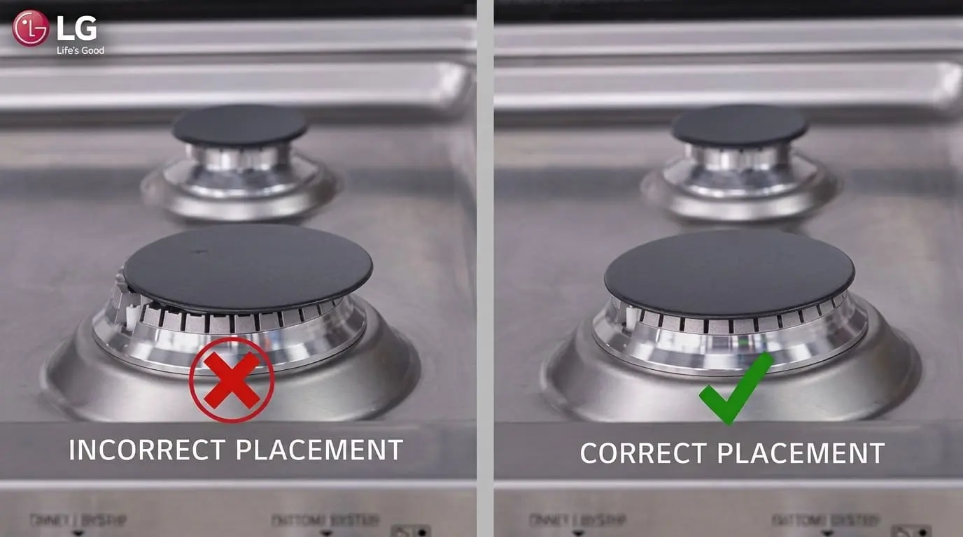 Correct and misaligned gas stove burner cap seating comparison