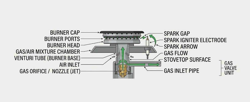 Gas stove burner diagram showing burner cap base ports and spark igniter electrode