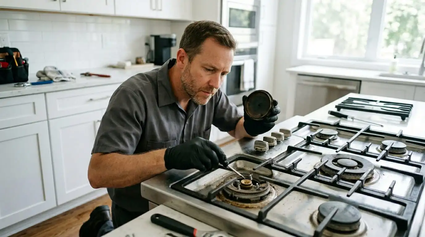 Technician inspecting gas stove burner that will not light and smells like gas in Spokane home